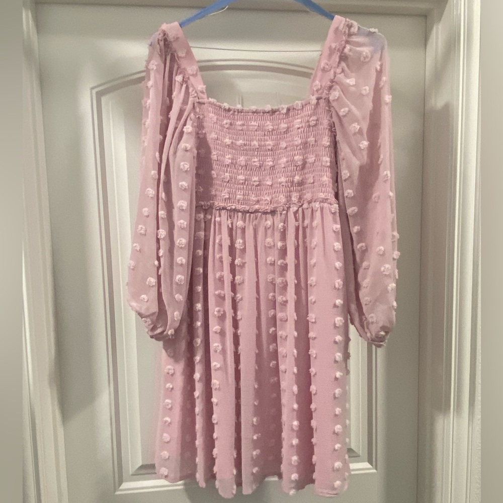 Pink Textured Dot Smocked Square Neck Chiffon Maternity Dress - Picture 3 of 3